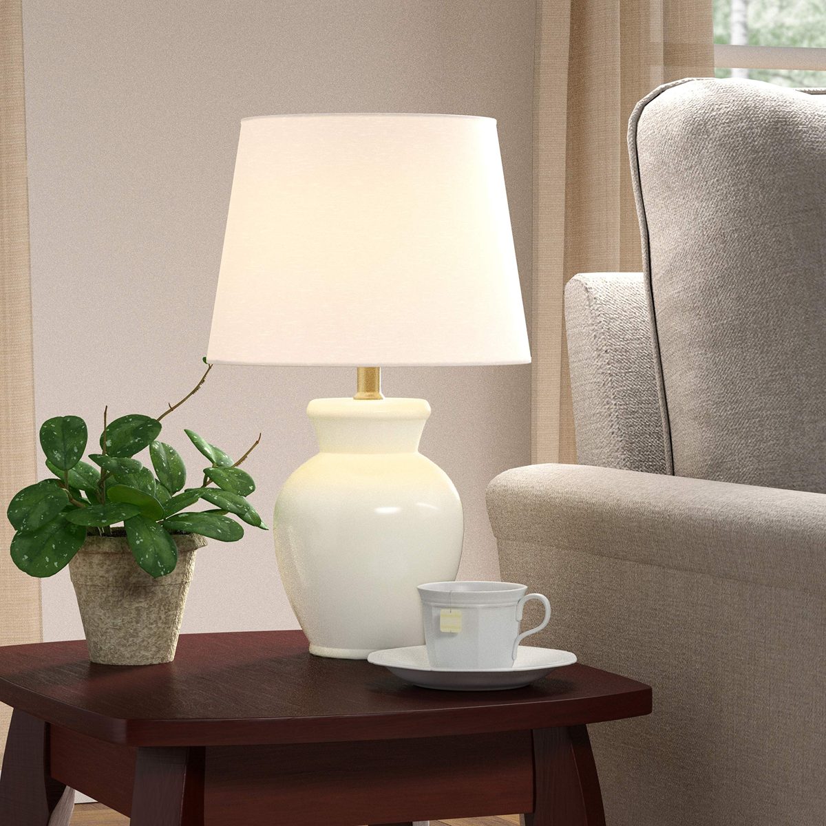 Amazon Brand – Ravenna Home Table Lamp with Round Ceramic Base and LED Light Bulb, 16.5"H, Cannoli Cream
