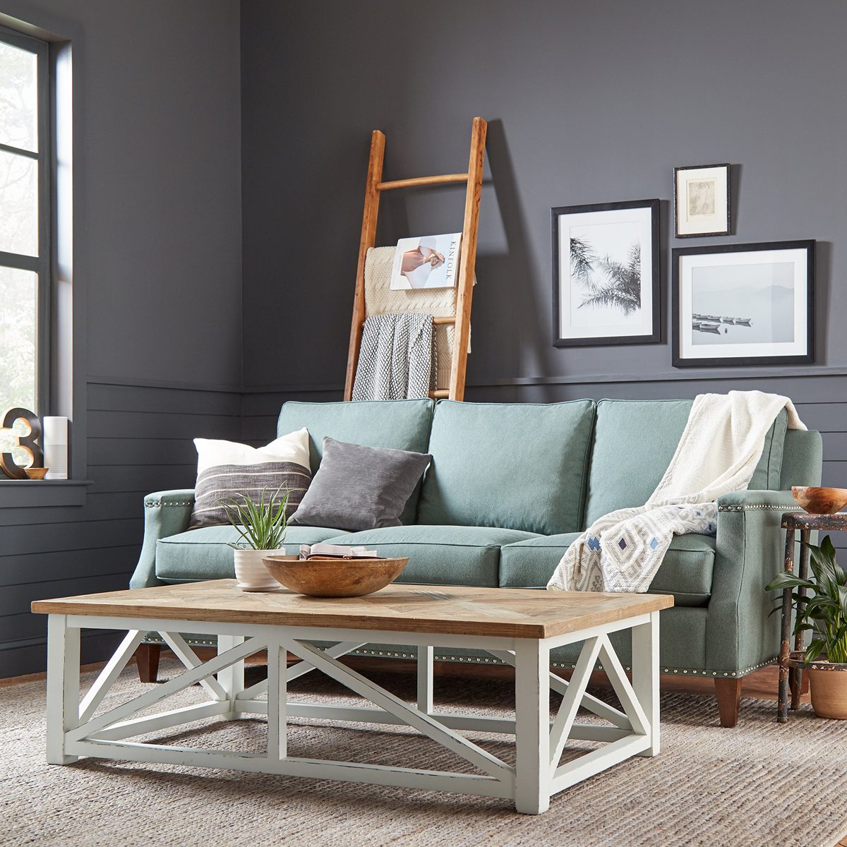 Amazon Brand – Stone & Beam Coastal Breeze Rustic Farmhouse Coffee Table, 55.1"W, Natural and White