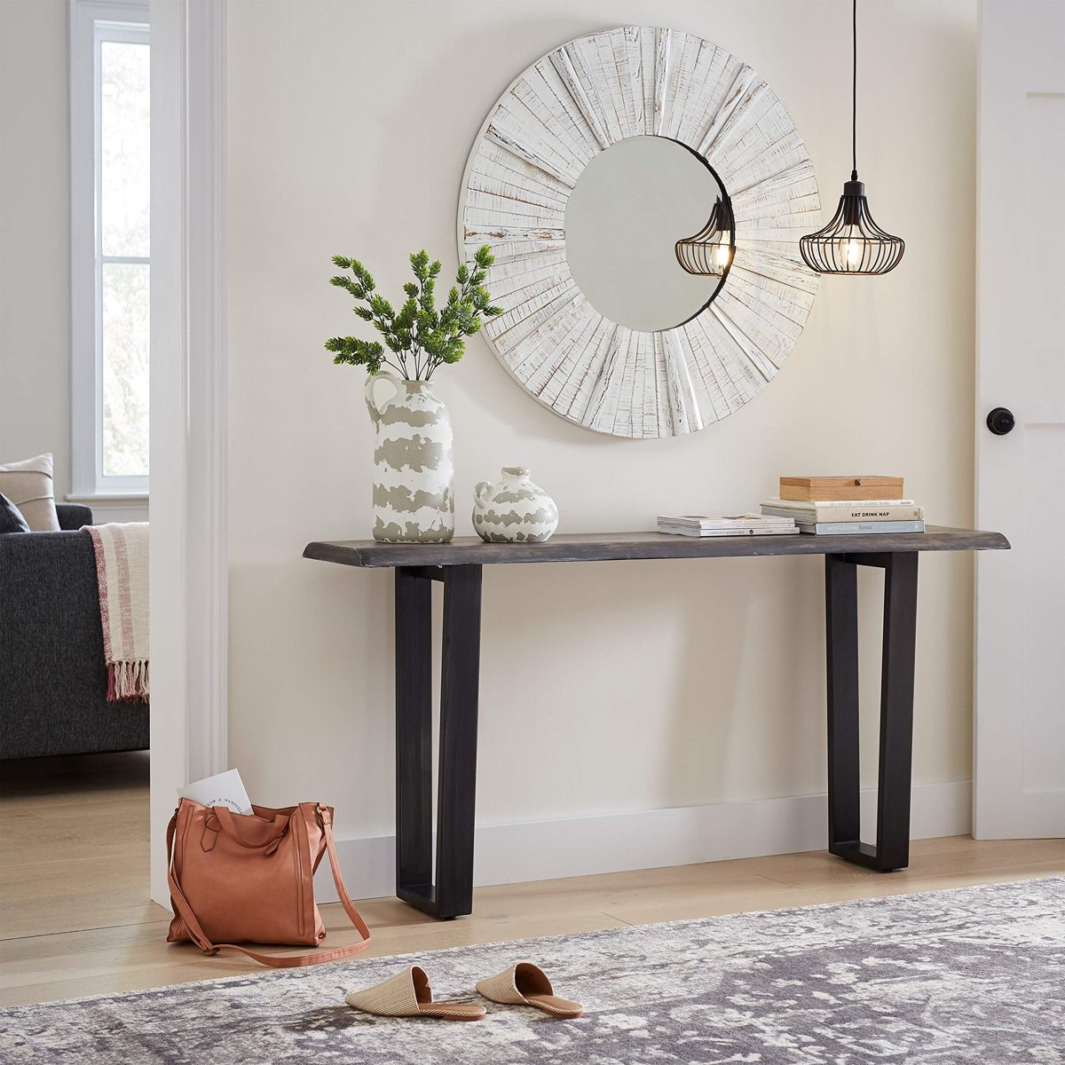 Stone & Beam Garrett Rustic Acacia-Wood Sofa Table with Iron Legs, 60"W, Gray and Raw Metal