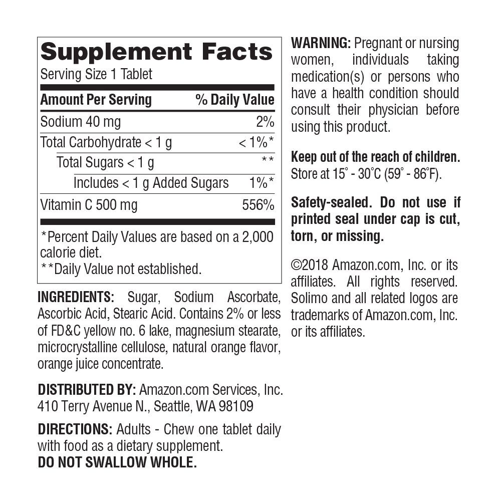 Amazon Brand - Solimo Chewable Vitamin C 500mg, Natural Orange Flavor, 150 Tablets, Five Month Supply