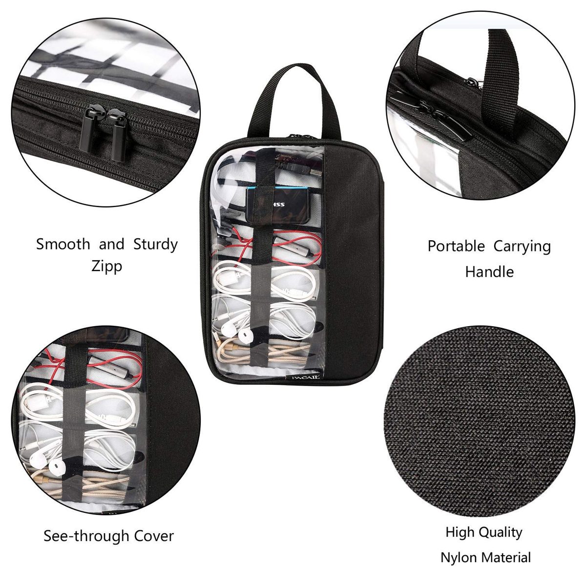 Eono by Amazon - Electronic Organizer, Double Layer Travel Gadget Bag For USB Cable, SD Card, Hard Drive, Power Bank, iPad Mini/Nintendo Swith Console/E-book or Tablet (up to 7.9'') Black