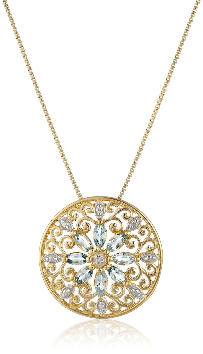 18k Yellow Gold Plated Sterling Silver Genuine Sky Blue Topaz and Diamond Accent Filigree Mandala Pendant Necklace, 18"