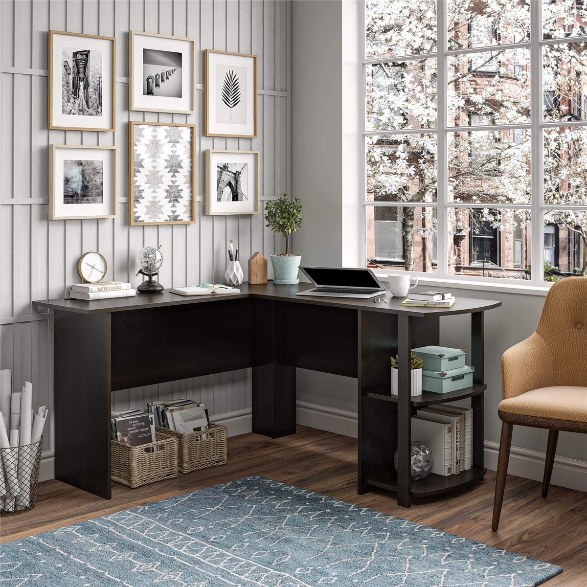 AmazonBasics Classic L-Shaped Desk with Open Bookshelves, Espresso/Brown