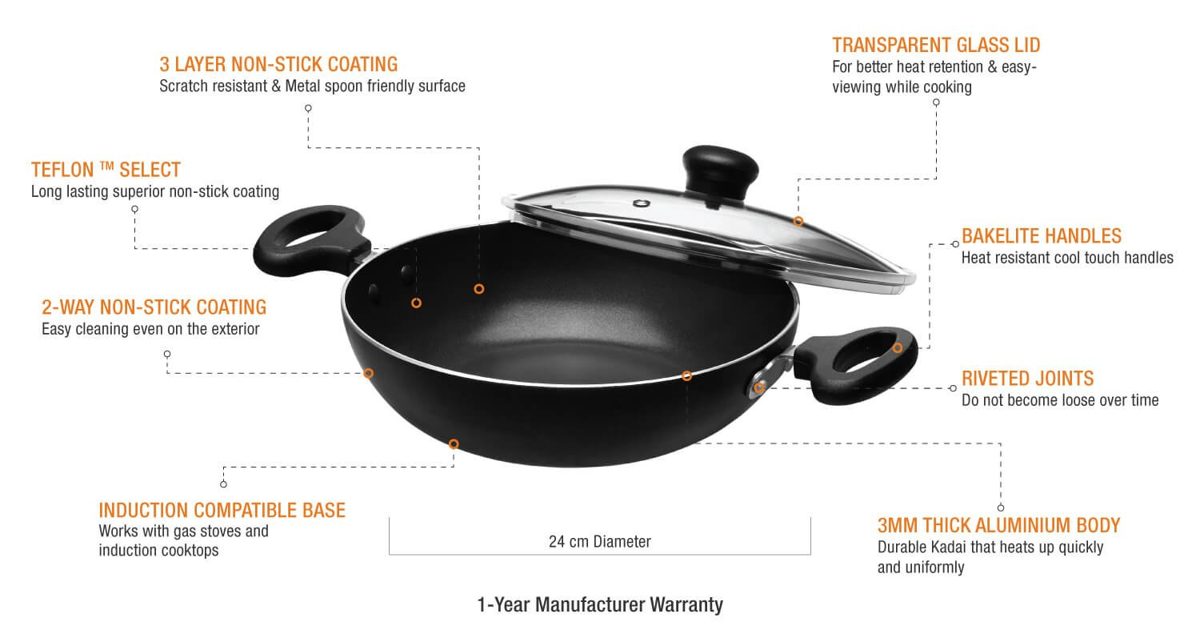 Amazon Brand - Solimo Non-Stick Kadai with Glass Lid, 24 cm (Induction and Gas compatible),Black