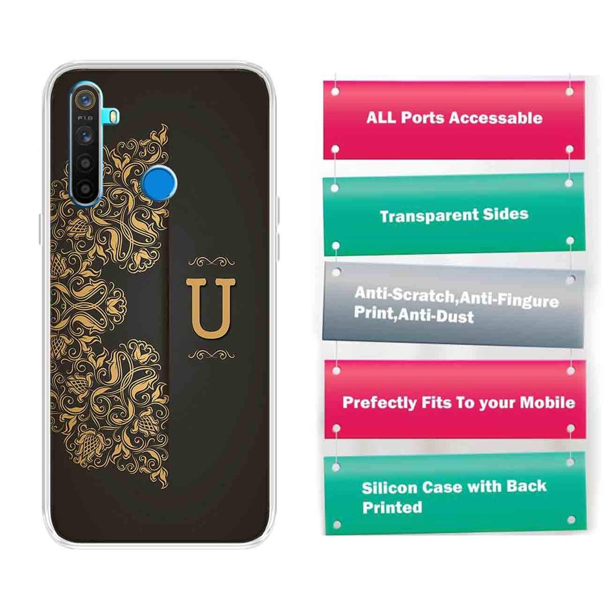 Amazon Brand - Solimo Designer Multicolor Black Pattern Alphabet-U Printed Soft Back Case Mobile Cover for Realme 5 / Realme 5s / Realme 5i / Narzo 10