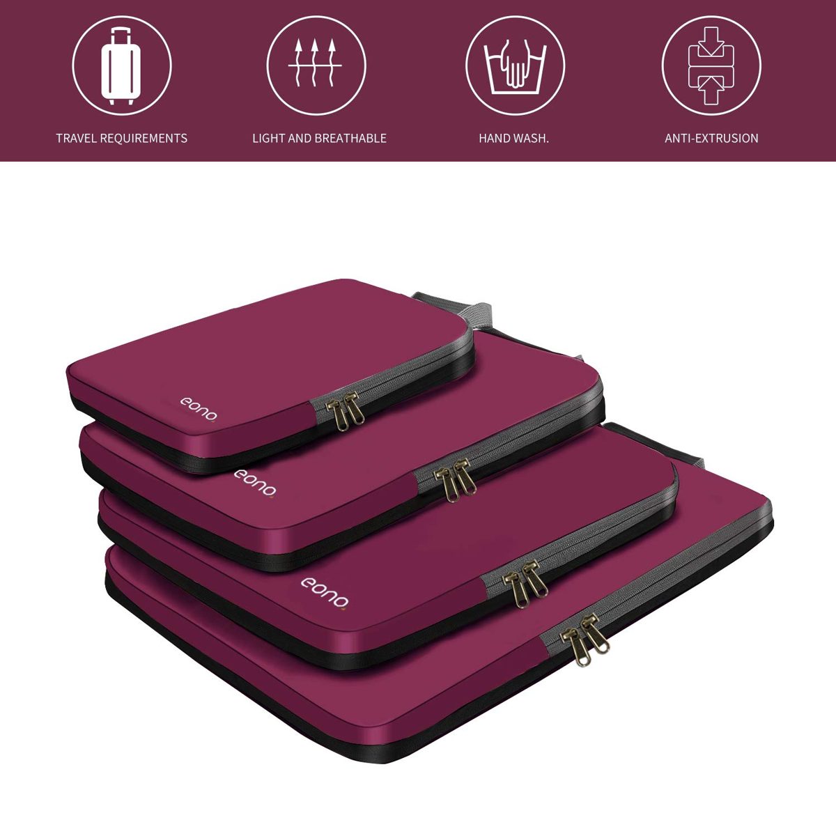 Eono by Amazon - Compression Packing Cubes, Travel Luggage Organiser Set, Travel Cubes, Extensible Organizer Bags for Travel Suitcase Organization, Burgundy, 4 Set