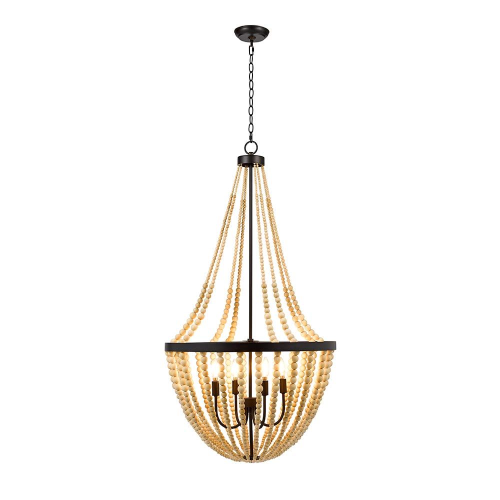 Amazon Brand – Stone & Beam Modern Farmhouse Wood Bead Chandelier Ceiling Fixture With 4 LED Light Bulbs - 24 x 24 x 45.5 Inches, Natural