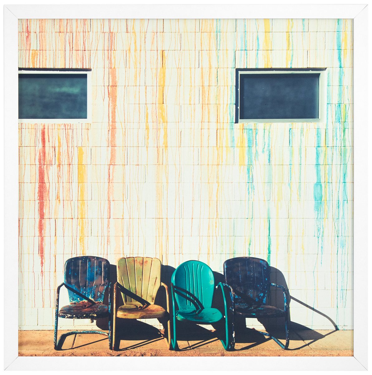 Amazon Brand – Rivet Vintage Blue Yellow and Green Chairs in White Wood Frame Wall Art, 20" x 20"