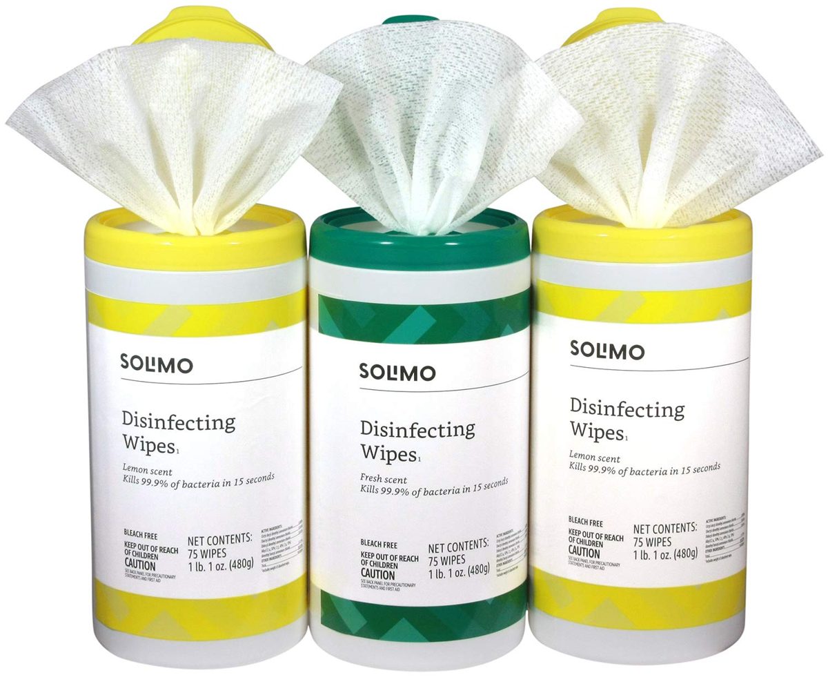 Amazon Brand - Solimo Hand Sanitizer with Vitamin E, 32 Fl Oz (Pack of 4) & Solimo Disinfecting Wipes, Lemon Scent & Fresh Scent, 75 Wipes Each (Pack of 3)