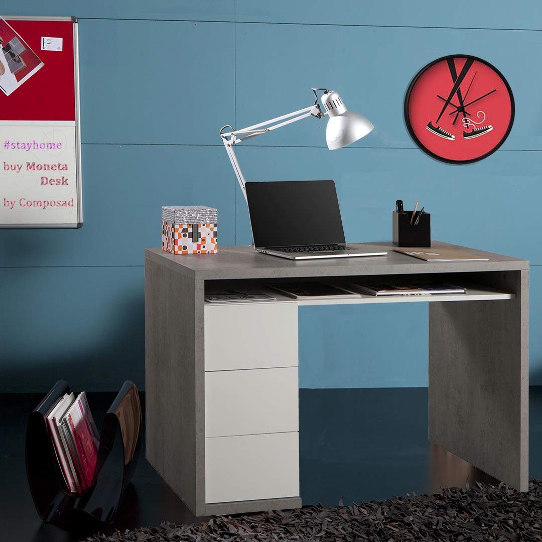 Amazon Brand - Movian 3-Drawer Desk, 110 x 75 x 60 cm, Concrete/High Gloss White
