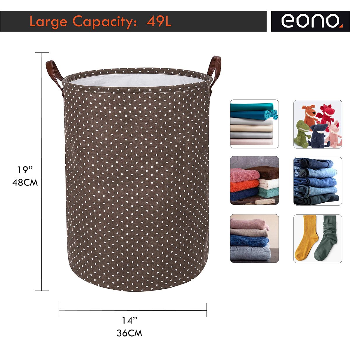 Eono Amazon Brand 19-Inches Thickened Large Laundry Basket with Durable Leather Handle, Drawstring Waterproof Round Cotton Linen Collapsible Storage Basket (Brown, L)