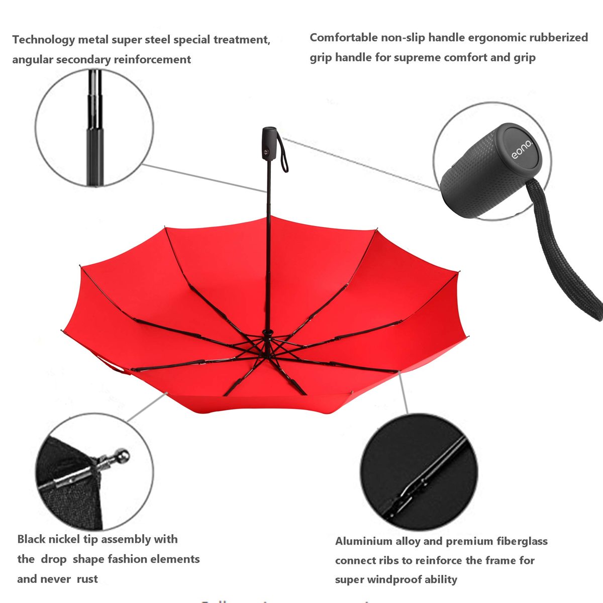 Eono by Amazon - Folding Umbrella Compact Travel Umbrella Strong Durable Windproof Rain Umbrella Portable Umbrella with Teflon Coating - Reinforced Canopy, Ergonomic Handle, Auto Open/Close, Red