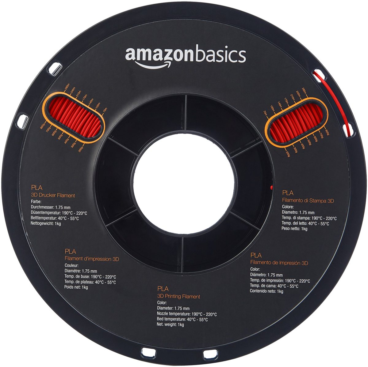 AmazonBasics PLA 3D Printer Filament, 1.75mm, Red, 1 kg Spool