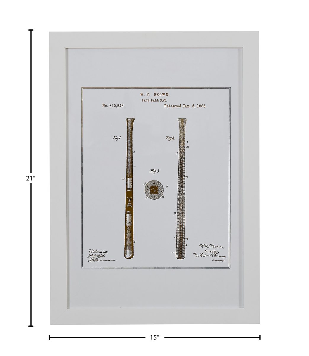 Amazon Brand – Stone & Beam Modern Gold Print of 1885 Baseball Bat Patent, White Frame, 15" x 21"