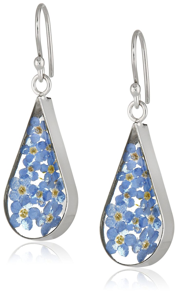 Sterling Silver Blue Pressed Flower Teardrop Earrings