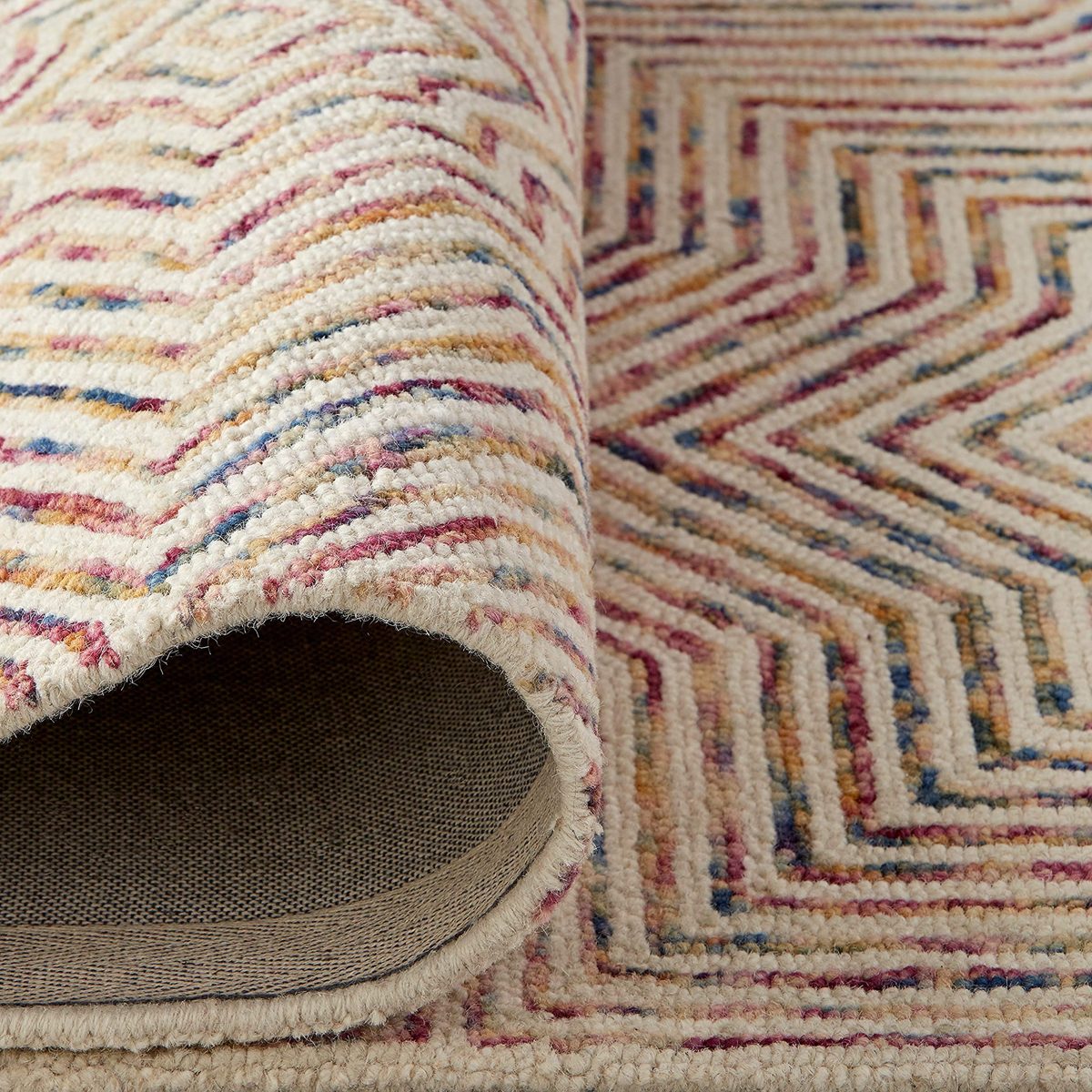 Amazon Brand – Rivet Geometric Wool Area Rug, 5 x 8, Ivory, Red, Purple