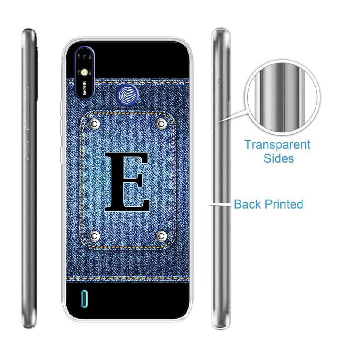 Amazon Brand - Solimo Designer Multicolor Button Jeans Alphabet-E Printed Soft Back Case Mobile Cover for Tecno Spark Go Plus
