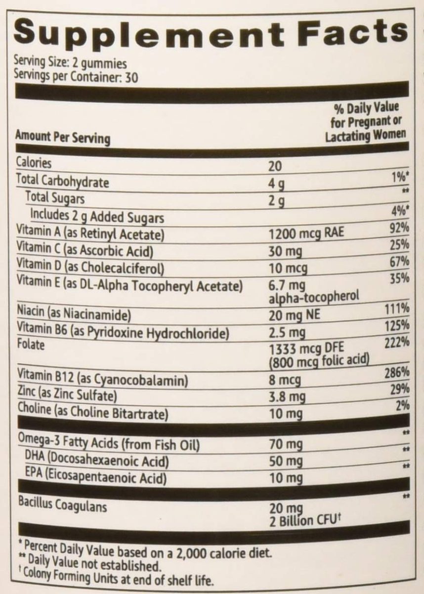 Amazon Brand - Solimo Prenatal & Probiotic Blend - Pregnancy Wellness - 70mg Omega 3 Fatty Acids with 20mg Probiotics, 60 Gummies, 1 Month Supply