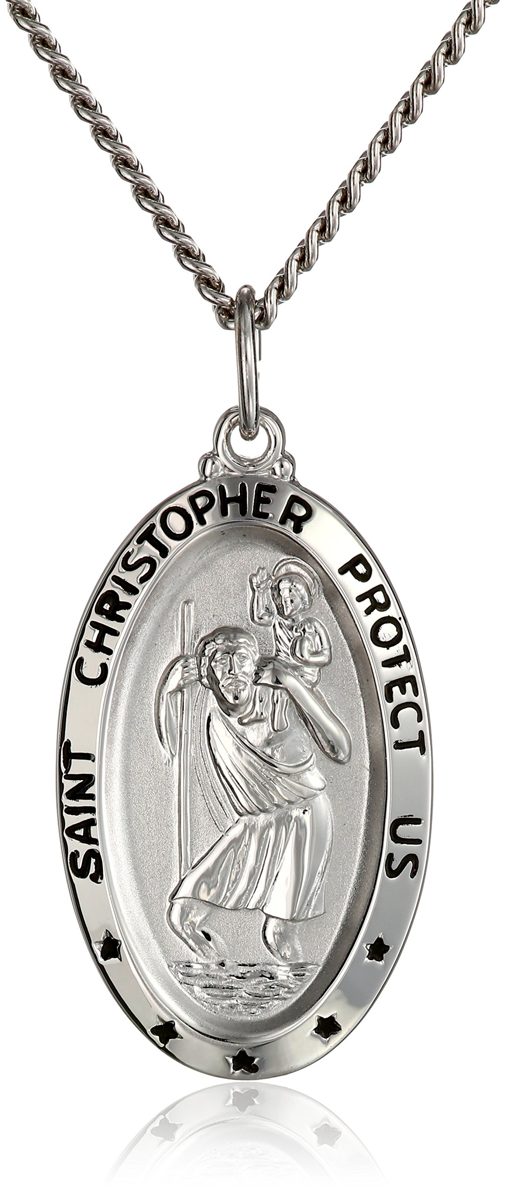 Sterling Silver Oval Saint Christopher Medal Necklace with Rhodium Plated Stainless Steel Chain, 20"