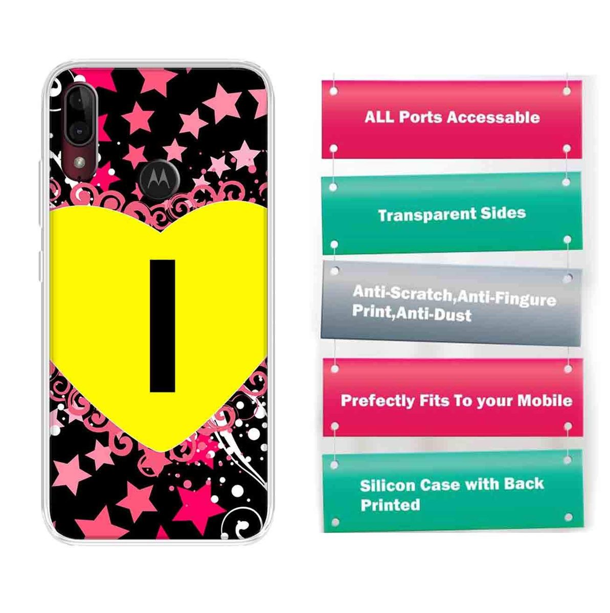 Amazon Brand - Solimo Designer Multicolor Heart Pattern Alphabet-I Printed Soft Back Case Mobile Cover for Motorola Moto E6s / Motorola Moto E6 Plus