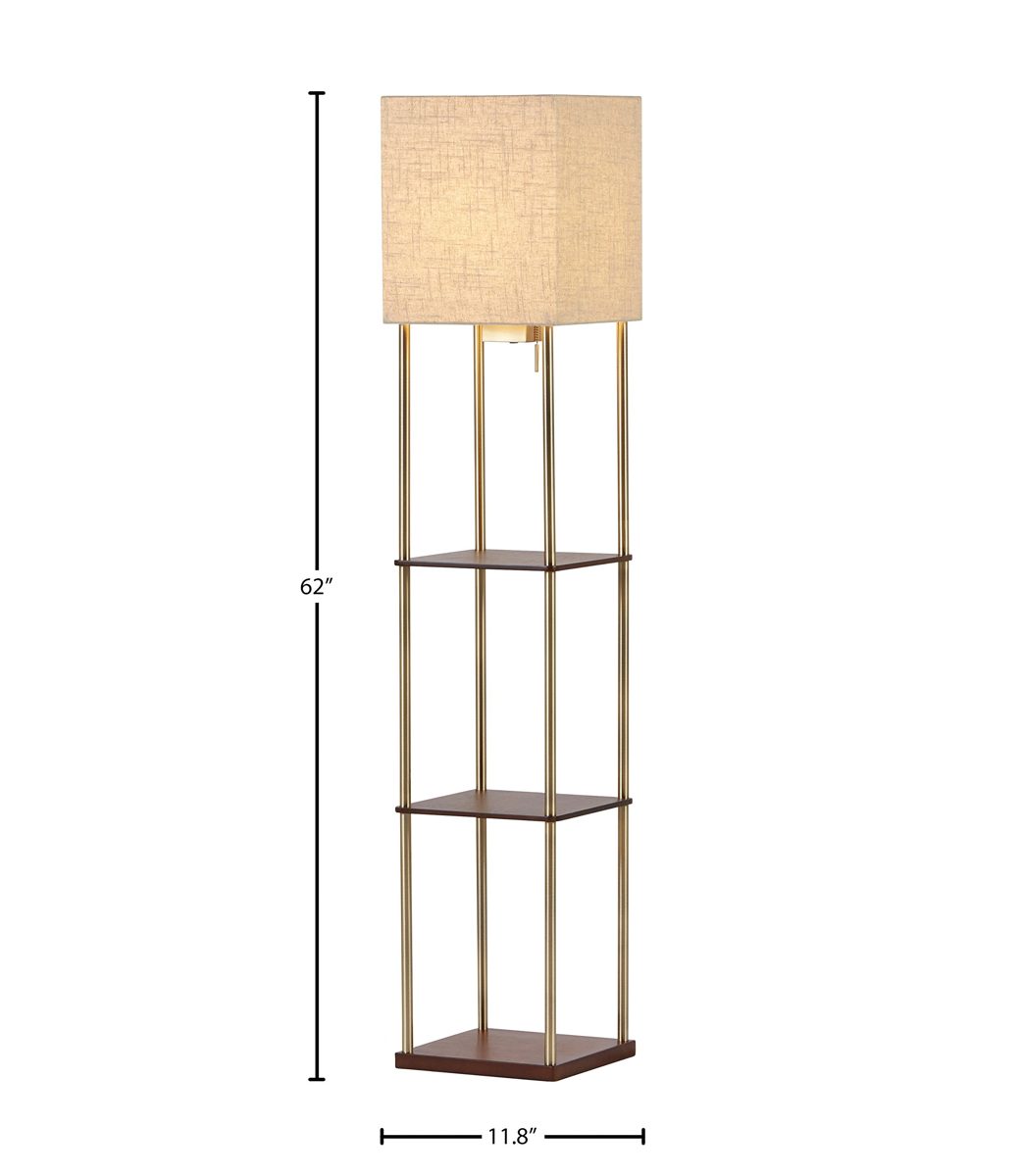 Rivet Olive 4 Wood Shelf Standing Floor Lamp With Light Bulb and USB Charging Station - 11.8 x 11.8 x 62 Inches, Brass