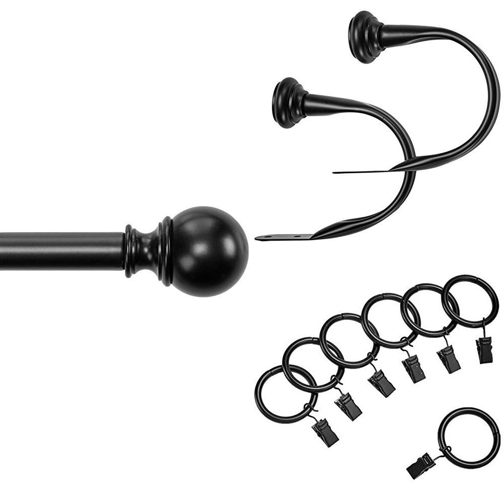 AmazonBasics 1" Curtain Rod with Round Finials, 36" to 72", Curtain Clip Ring (Set of 7), and Curtain Holdbacks (Set of 2), Black