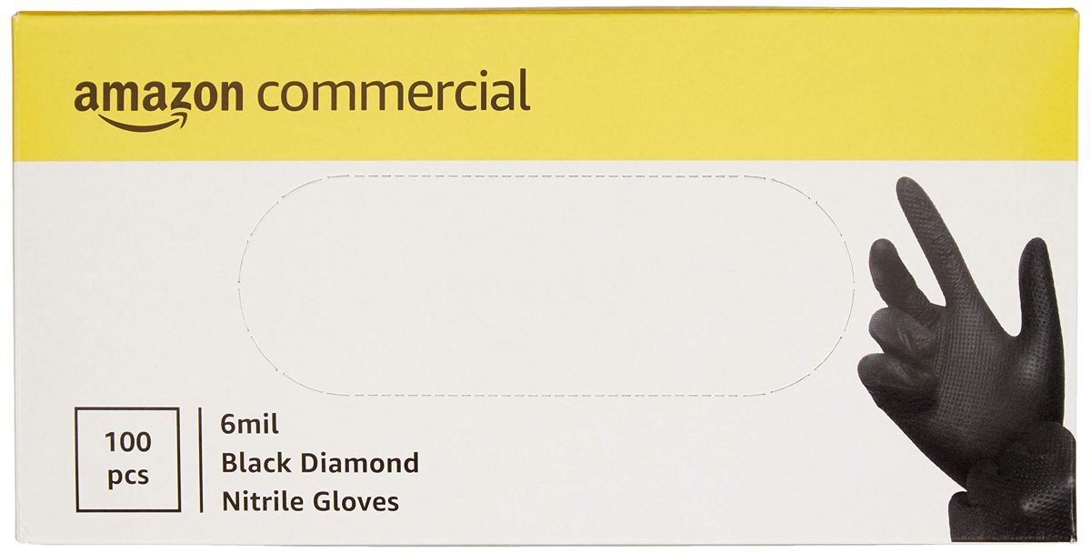 AmazonCommercial Powder Free Disposable Nitrile Gloves, 6 mil, Black, Diamond Textured, 240mm, Size L, 1000 (10 Boxes of 100)