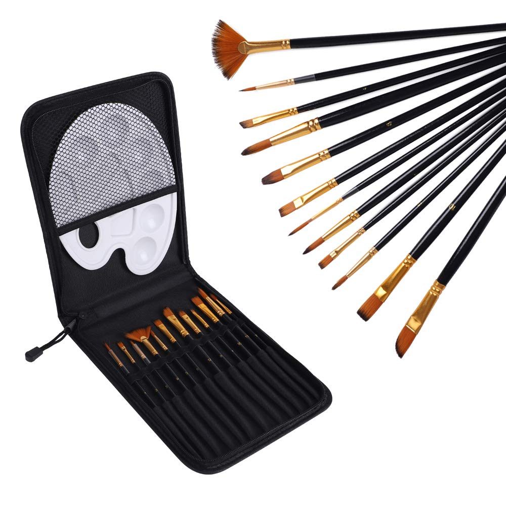 Eono by Amazon - 12 artist brushes, 1 mixing palette, comes with a type brush storage bag, suitable for beginners, children, artists and painters.