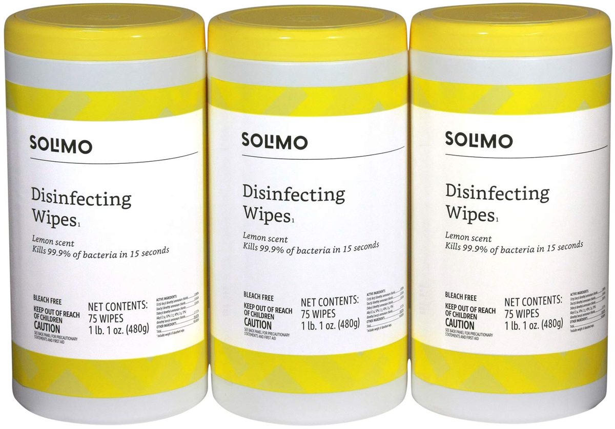 Amazon Brand - Solimo Disinfecting Wipes, Lemon Scent, 75 Wipes Each (Pack of 3) & Solimo Sandwich Storage Bags, 300 Count