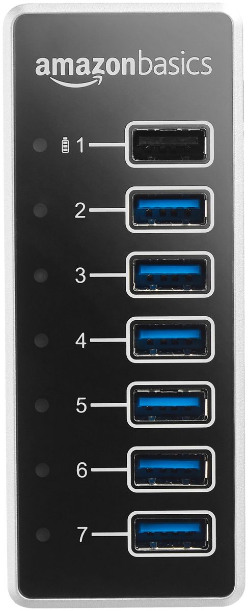 AmazonBasics USB-A 3.1 7-Port Hub with Power Adapter - 36W (12V/3A), Silver, EU