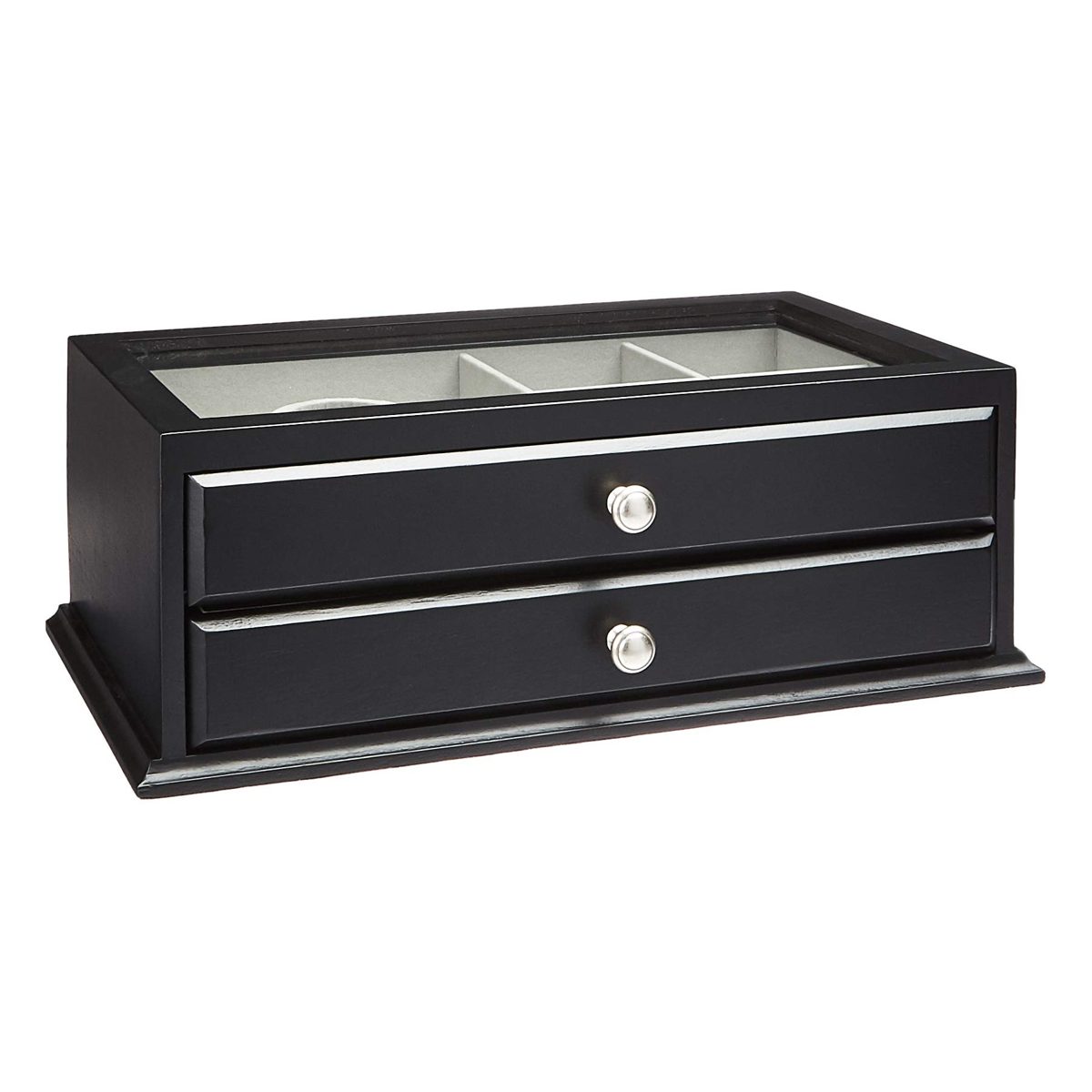 AmazonBasics Wooden Jewelry/Watch Box with Glass Top - 2-Drawer, Black
