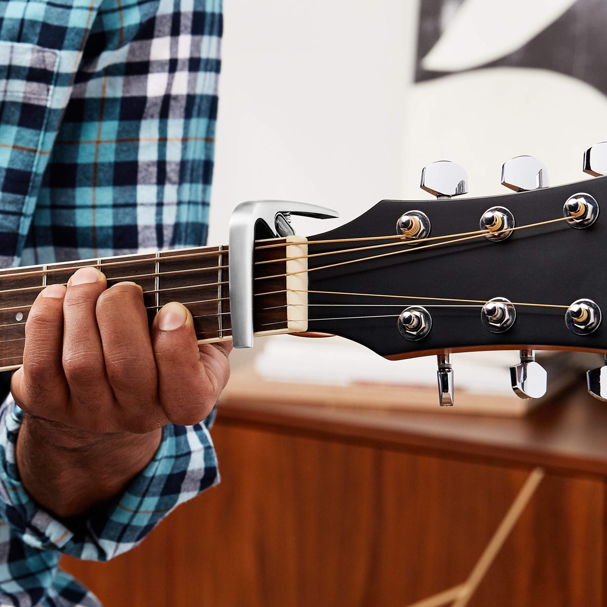 AmazonBasics Zinc Alloy Guitar Capo for Acoustic and Electric Guitar, Silver, 2-Piece