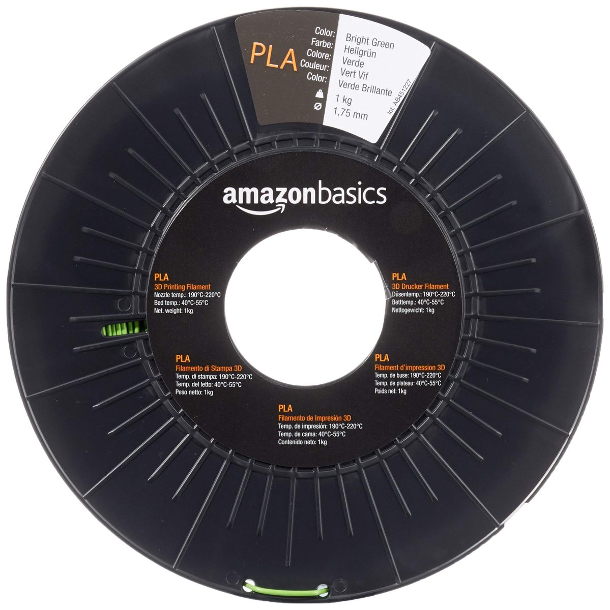 AmazonBasics PLA 3D Printer Filament, 1.75mm, Bright Green, 1 kg Spool
