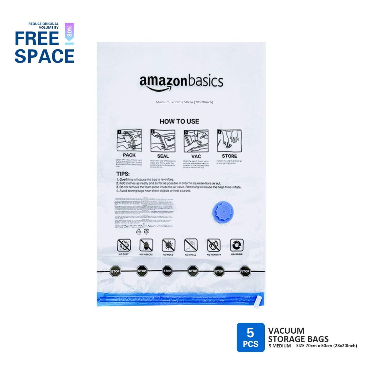 AmazonBasics Vacuum Compression Storage Bags with Hand Pump - Medium, 5-Pack (Renewed)