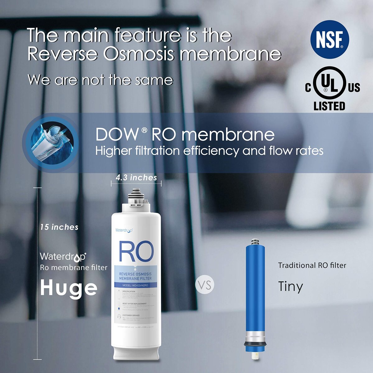 Waterdrop RO Reverse Osmosis Drinking Water Filtration System, NSF Certified, TDS Reduction, 400 GPD Fast Flow, Tankless, Compact, Smart Faucet, 1:1 Drain Ratio, UL Listed Power, USA Tech, WD-G3-W