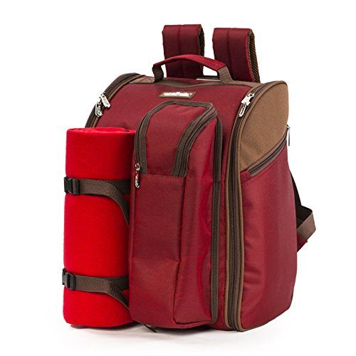 Eono Red 2 Person Picnic Backpack Hamper Basket with Cooler Bag with Harness and Fleece Blanket
