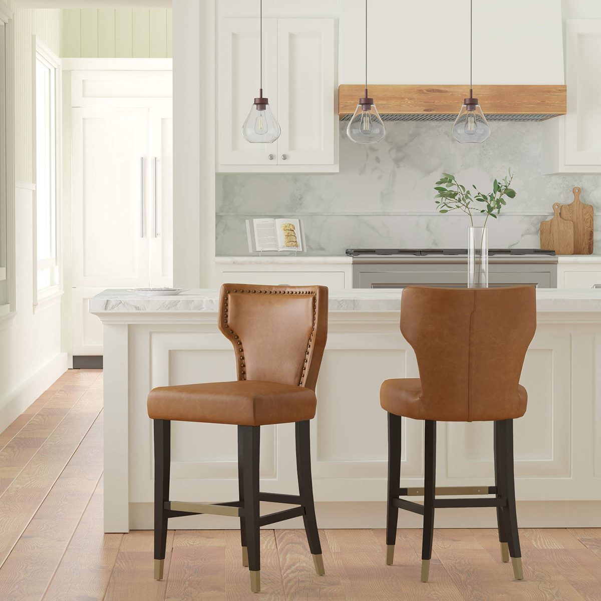 Amazon Brand – Stone & Beam Leather Barstool with Brass Nailhead Trim, 43"H, Cognac