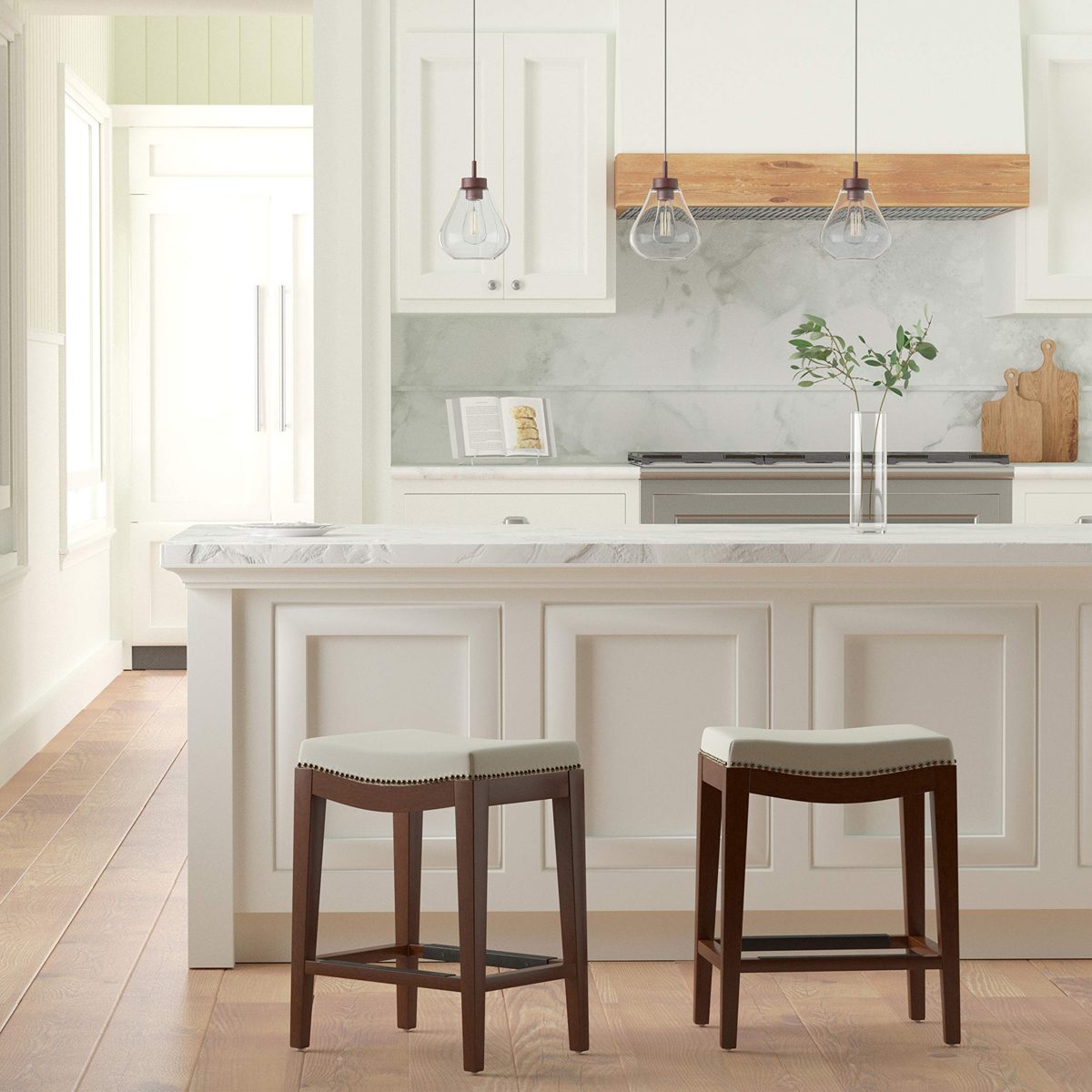Amazon Brand – Stone & Beam Elden Nailhead-Trim Saddle Kitchen Counter Height Backless Stool, 26"H, Chalk