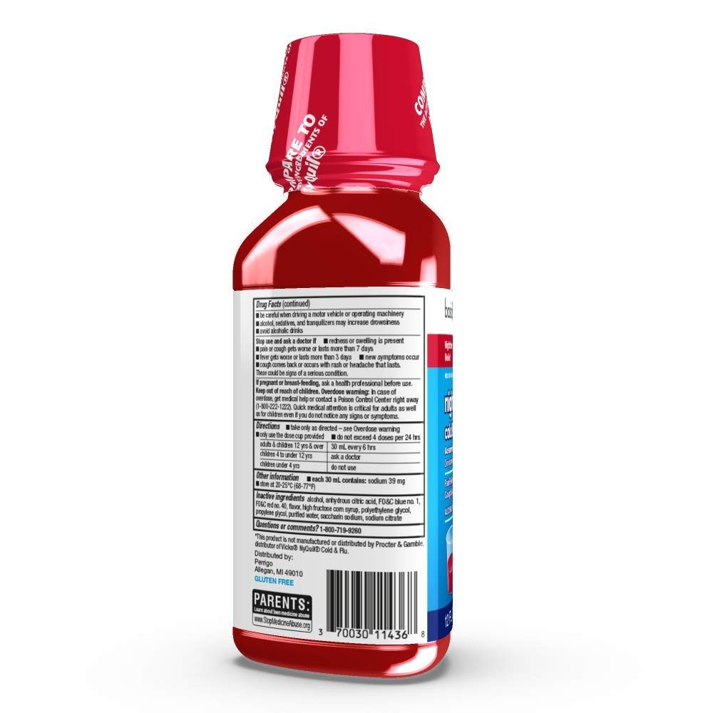 Basic Care Nighttime Cold & Flu Relief, Pain Reliever, Fever Reducer, Cough Suppressant, Antihistamine, Cherry Flavor, 12 Fluid Ounces