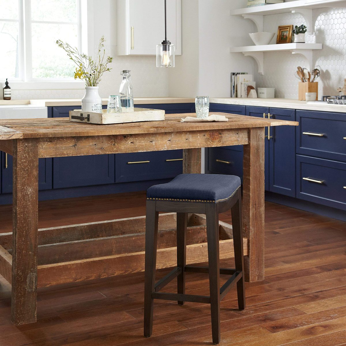 Amazon Brand – Stone & Beam Elden Nailhead-Trim Saddle Kitchen Counter Height Backless Stool, 26"H, Blue