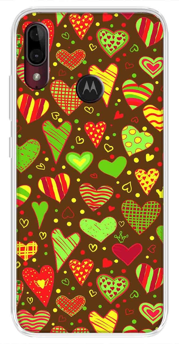 Amazon Brand - Solimo Designer Multicolor Heart Clip Art Brown Pattern Design Printed Soft Back Case Mobile Cover for Motorola Moto E6s / Motorola Moto E6 Plus