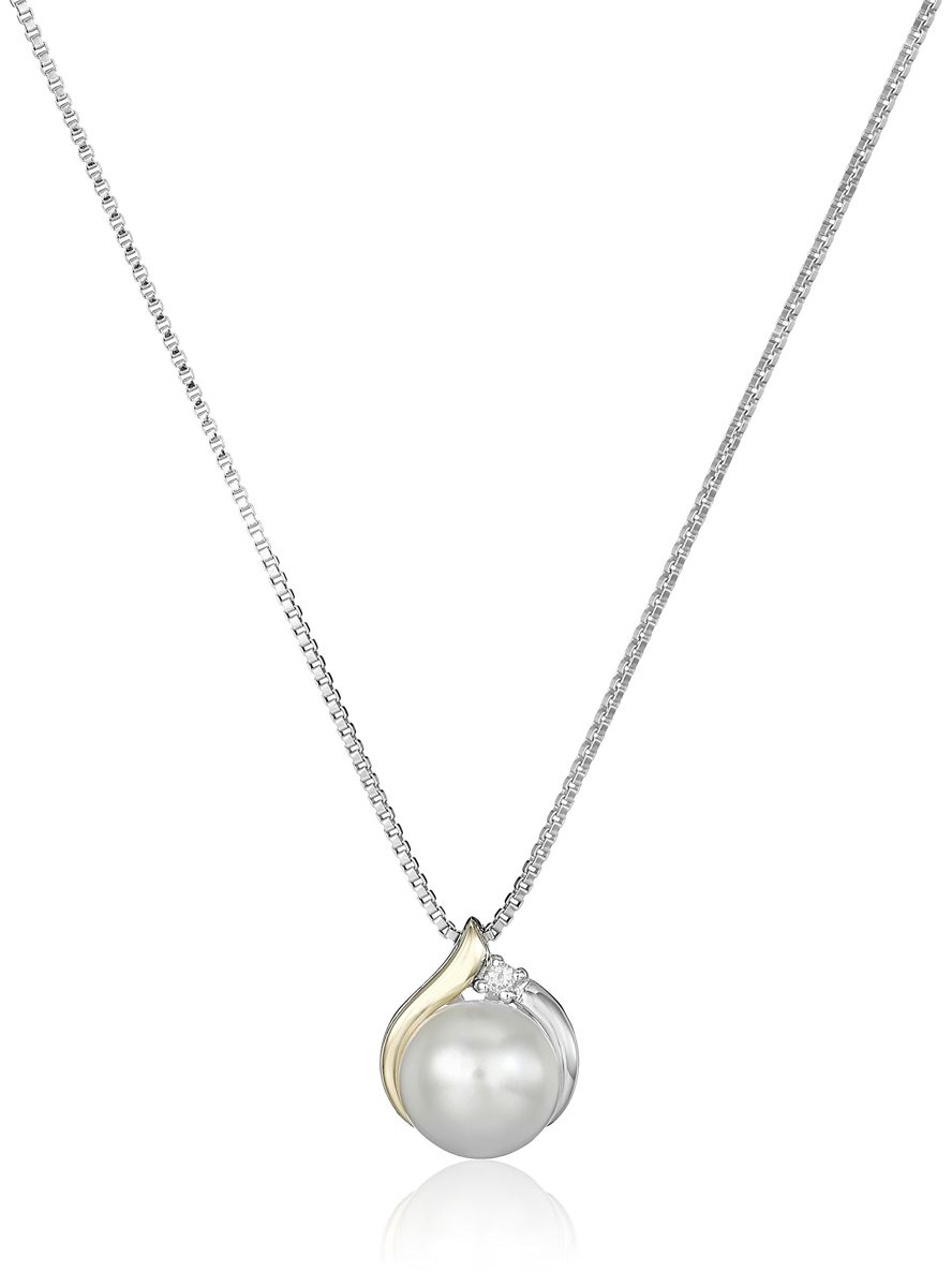 Sterling Silver and 14k Yellow Gold Freshwater Cultured Pearl Diamond Accent Pendant Necklace (8mm), 18"