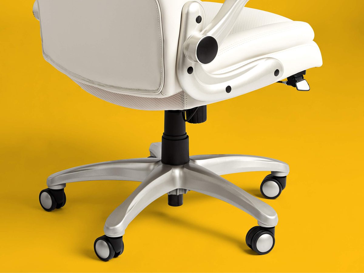 AmazonCommercial Ergonomic High-Back Rhombus-Stitched Leather Executive Chair, with Flip-up Armrests and Motive Lumbar Support, Cream/Ivory