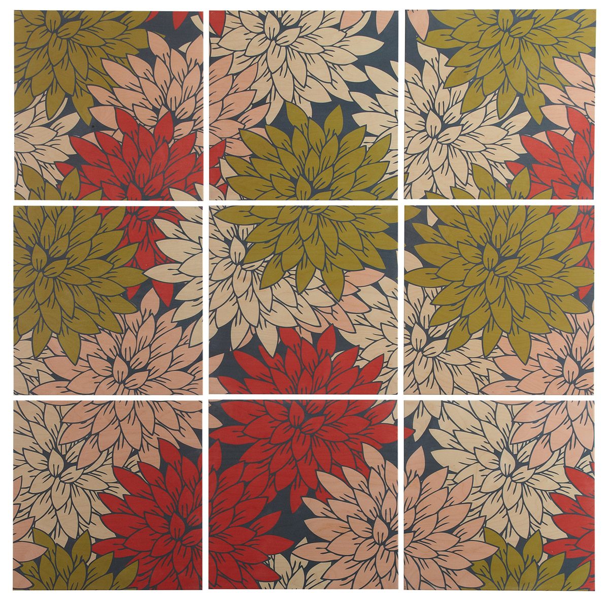 9-Piece Floral Red and Green Art Print Mural on Wood