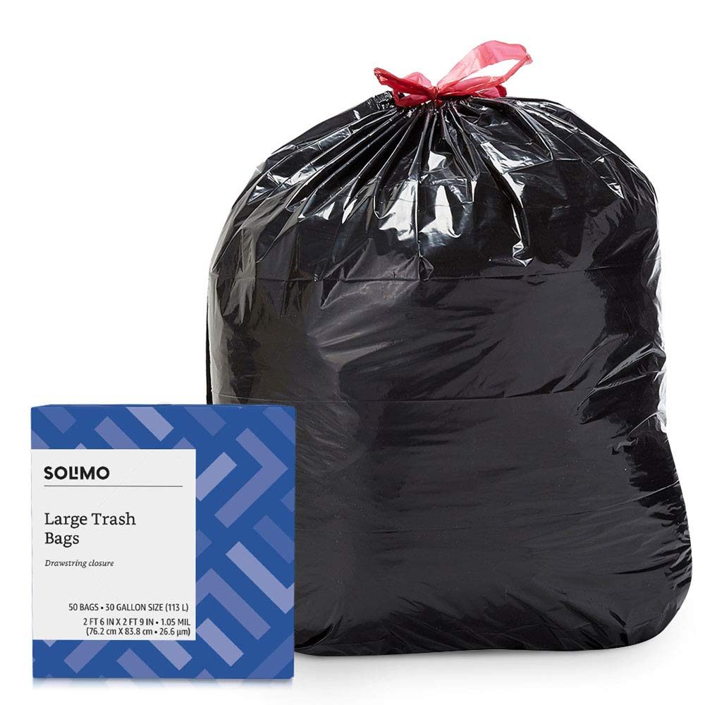 Amazon Brand - Solimo Multipurpose Drawstring Trash Bags, 30 Gallon, 50 Count & Sandwich Storage Bags, 300 Count