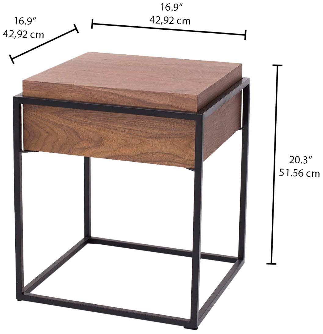 Amazon Brand - Rivet 1-Drawer End/Side Table, 43 x 43 x 52cm, MDF with Walnut Veneer/Black Metal Frame