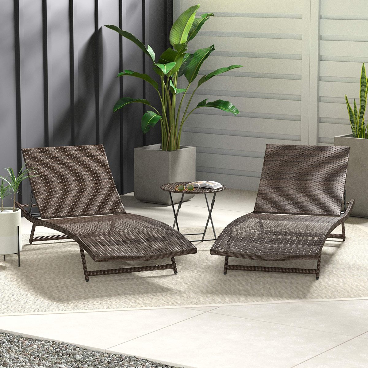 AmazonBasics 3 Piece Patio Rattan PE Wicker Lounger Chair and Table Set