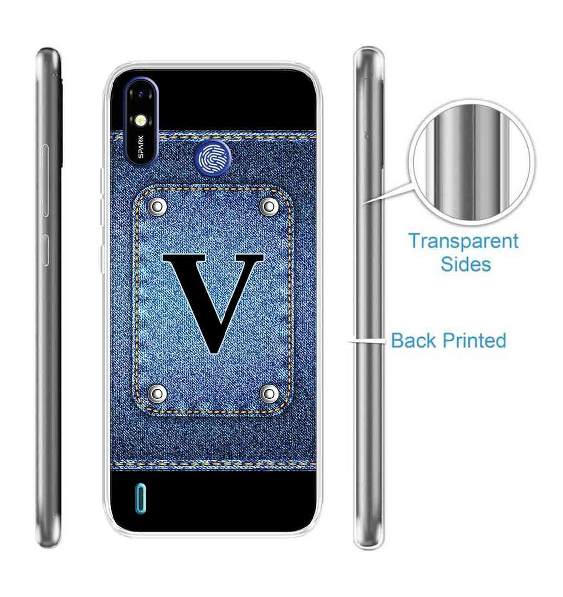 Amazon Brand - Solimo Designer Multicolor Button Jeans Alphabet-V Printed Soft Back Case Mobile Cover for Tecno Spark Go Plus