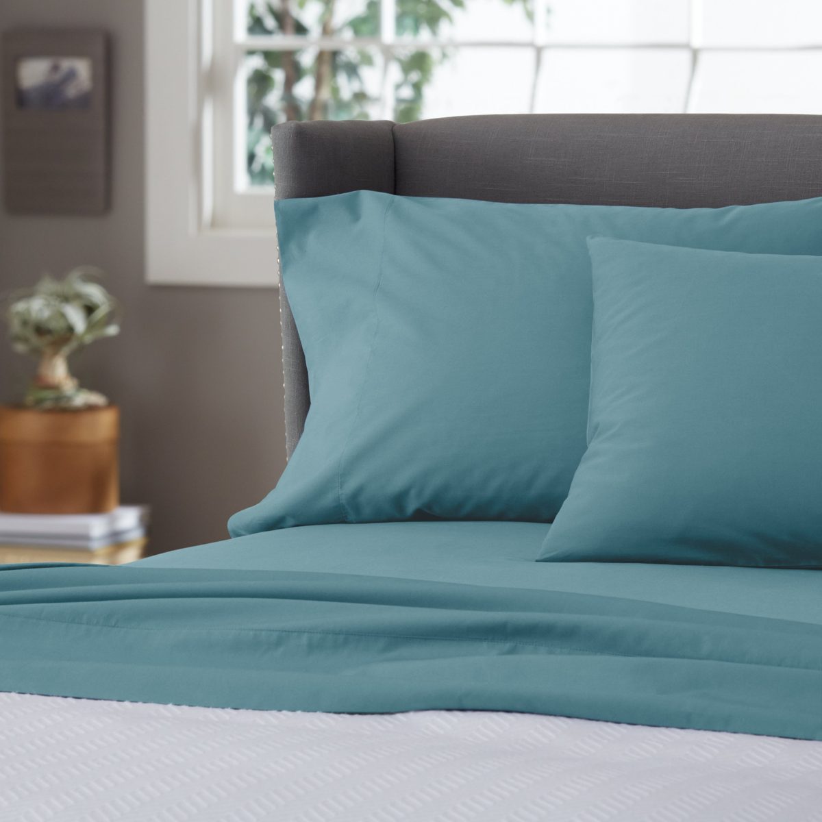 Pinzon Ultrasoft 300 Percale Cotton Fitted Sheet, Sky Blue, 160 x 200 x 30 cm