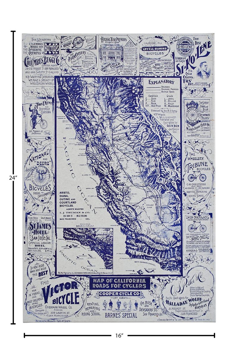 Amazon Brand – Rivet Blue 1897 Map of California Roads for Cyclers Canvas Print Wall Art, 16" x 24"